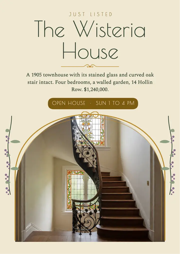 Wisteria House open house flyer, art nouveau template