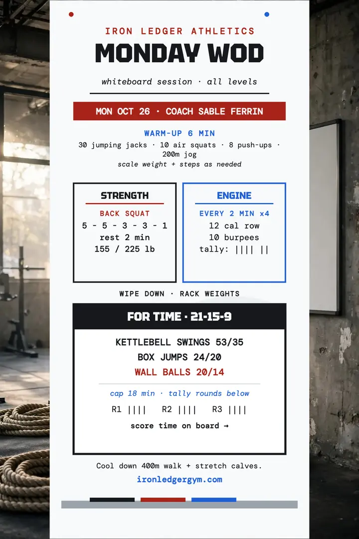 Iron Ledger Monday WOD whiteboard poster template