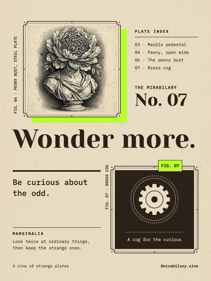 Wonder more engraving quote card, curiosity zine template