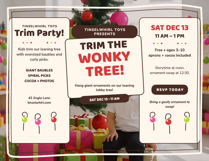 Tinselwhirl wonky tree party flyer template