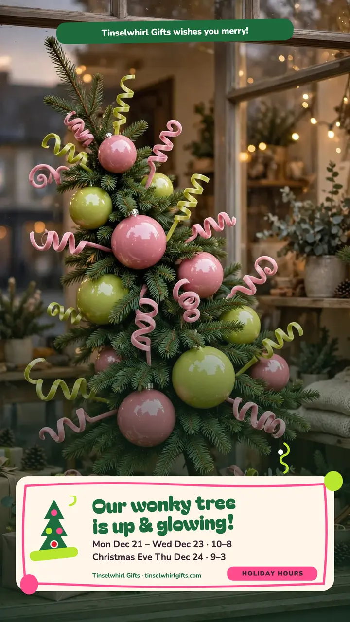 Tinselwhirl Gifts wonky tree hours story template