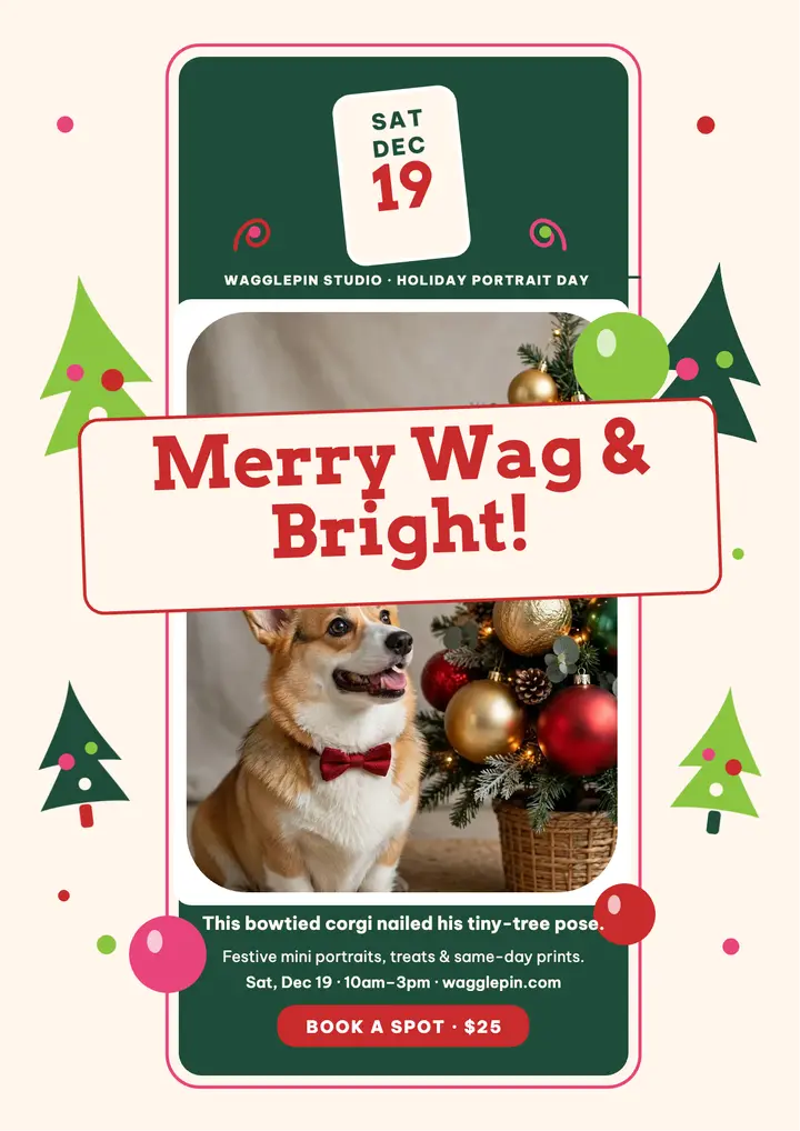 Wagglepin holiday pet portrait flyer: pet holiday portrait flyer template