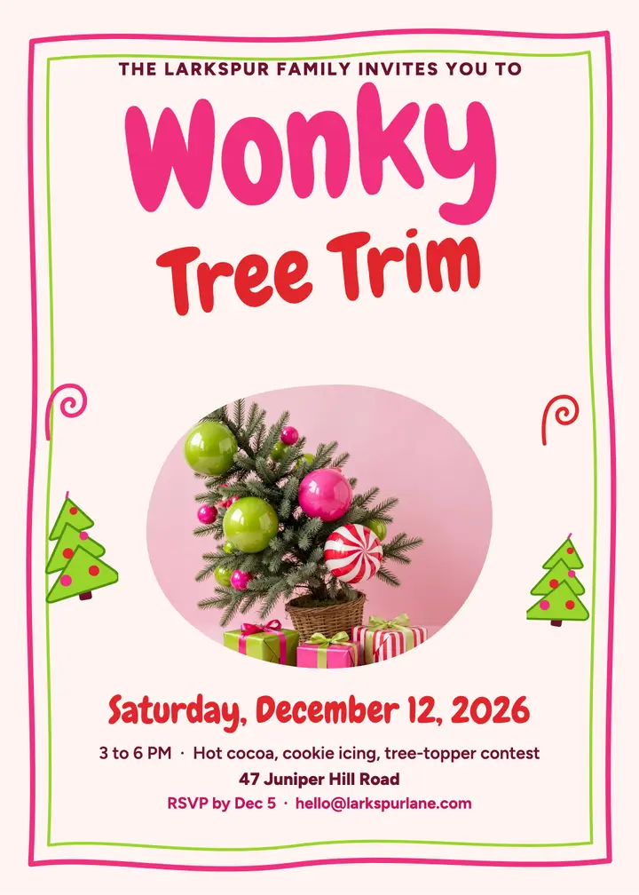 Wonky tree trimming party invitation template