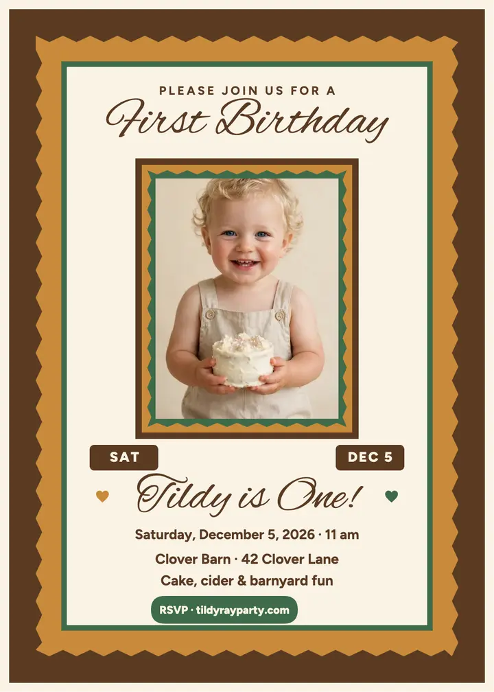 Tildy Ray first birthday wood frame invite: first birthday invitation template