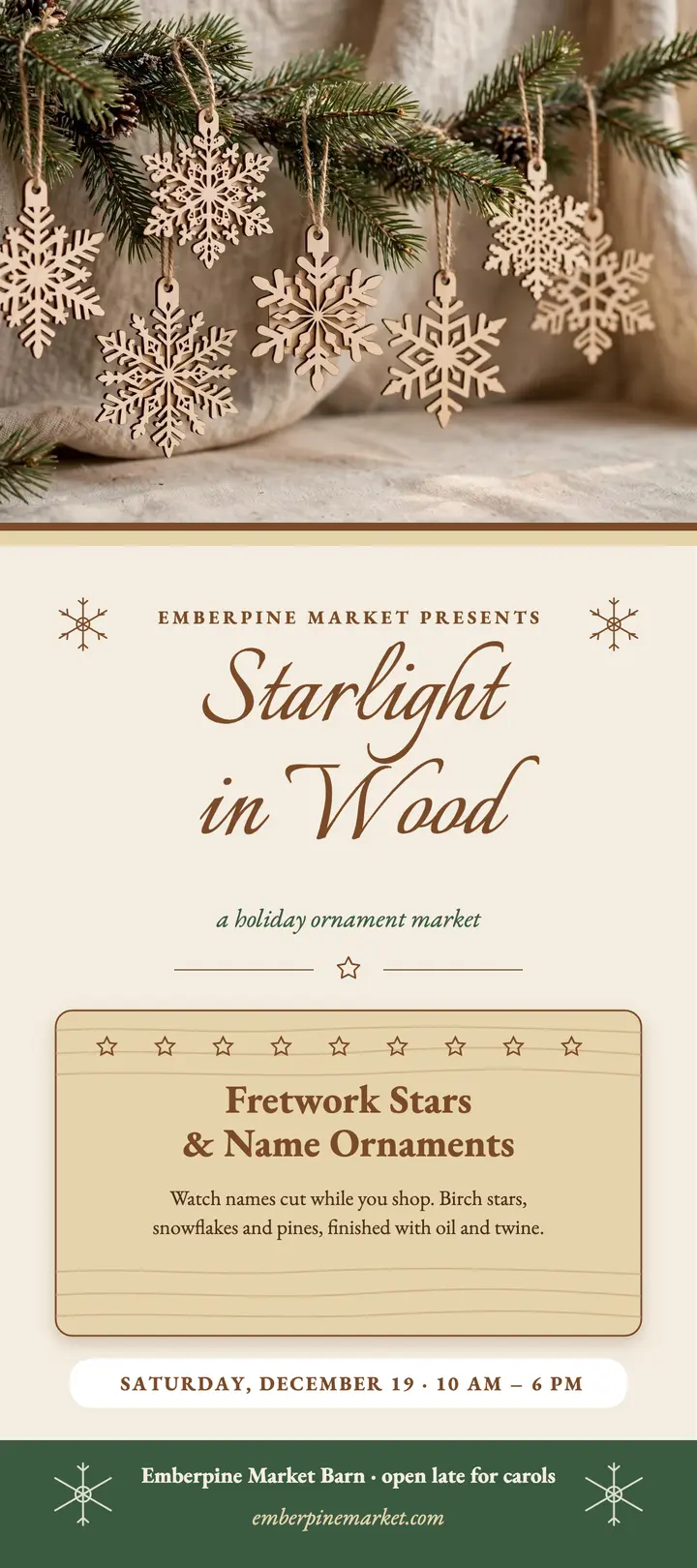 Emberpine wood ornament market rack card template