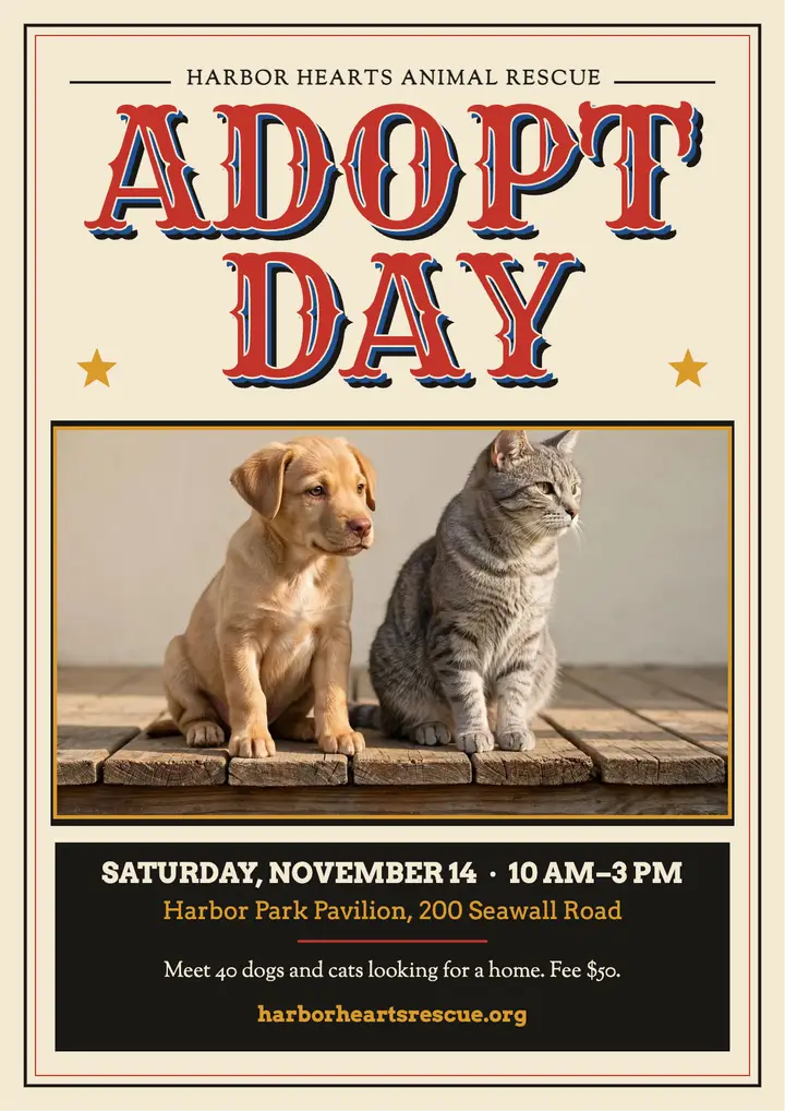 Harbor Hearts adoption day flyer, chromatic wood type template