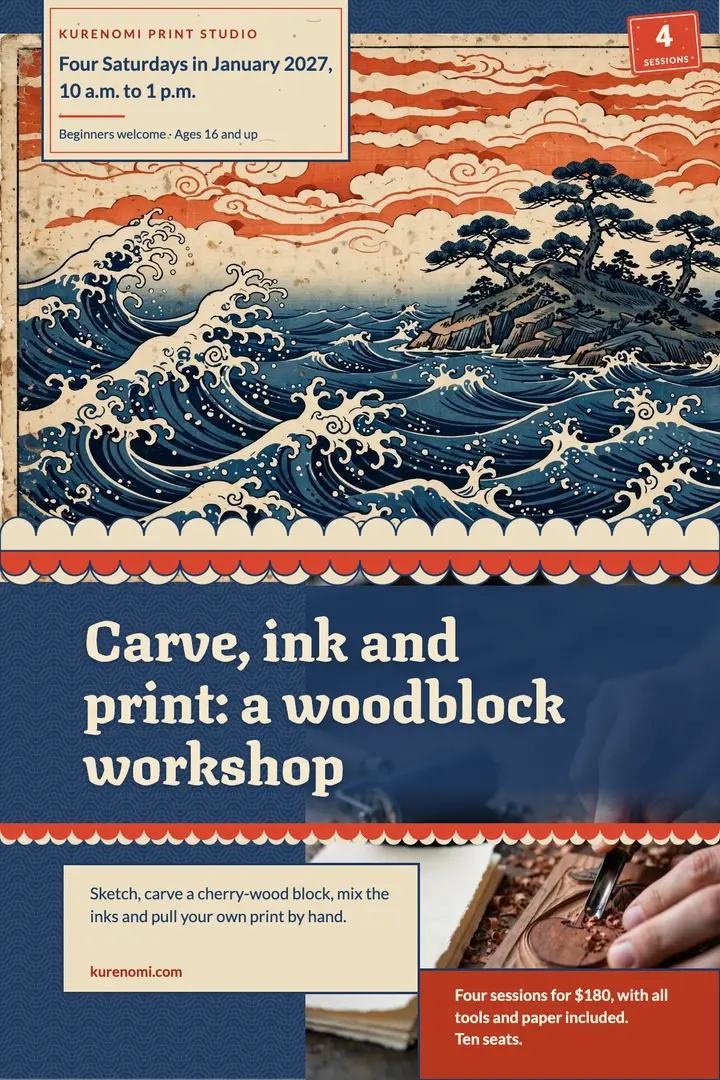 Woodblock printmaking workshop poster, ukiyo-e: printmaking workshop poster template
