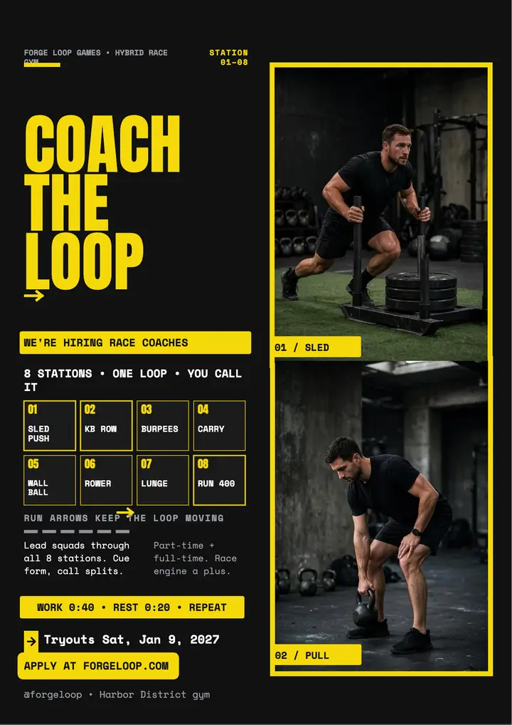 Forge Loop Games coach hiring flyer: gym hiring flyer template