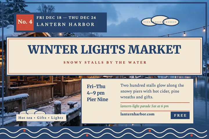 Lantern Harbor winter market postcard template