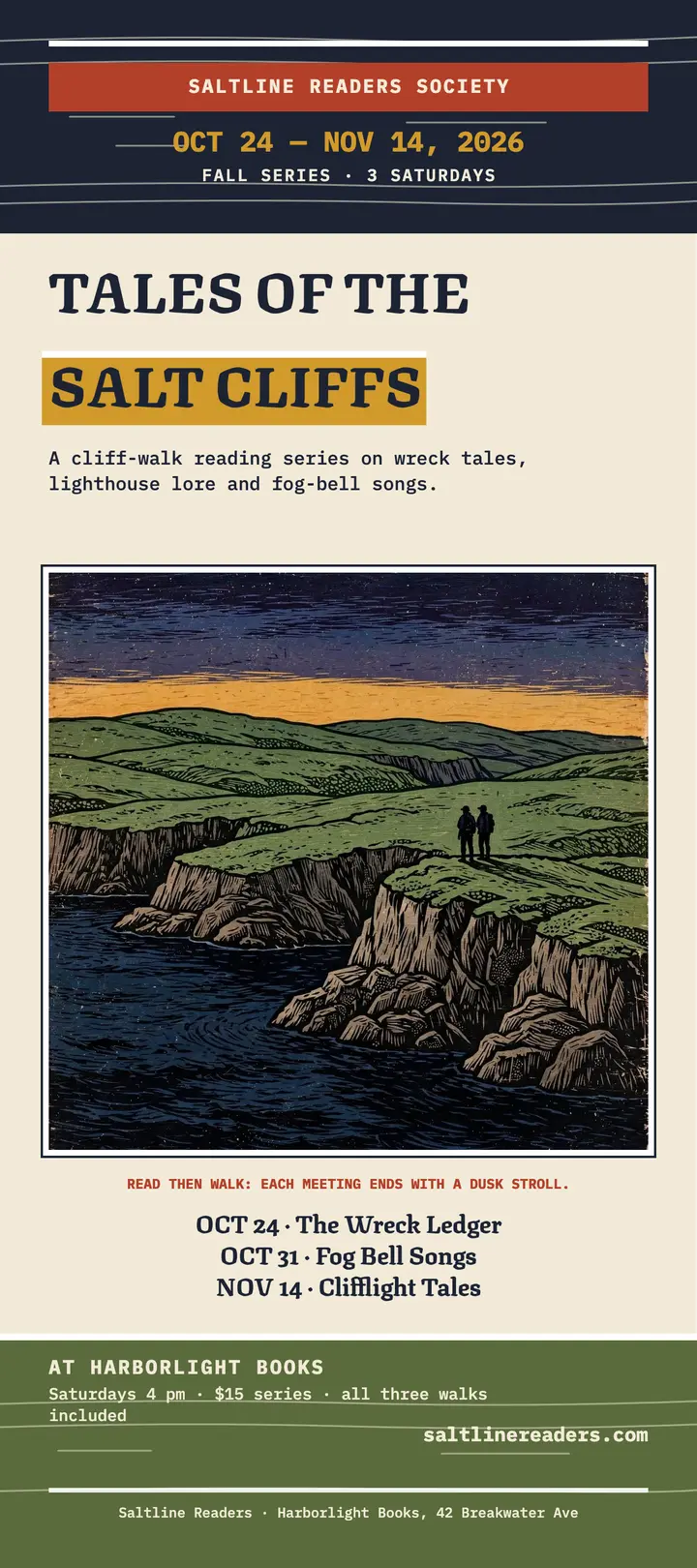 Saltline fall book club woodcut rack card template