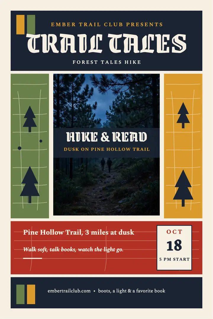 Ember Trail Club forest tales poster: book club hike poster template