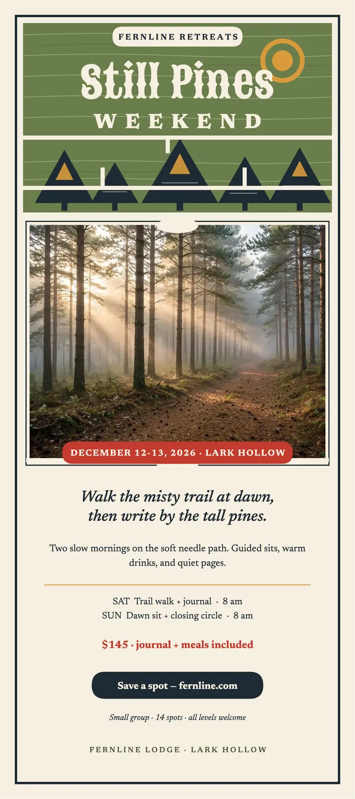 Fernline Still Pines journaling retreat card template