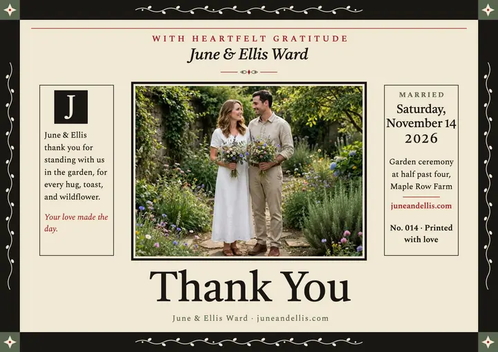 Woodcut thank-you wedding certificate template