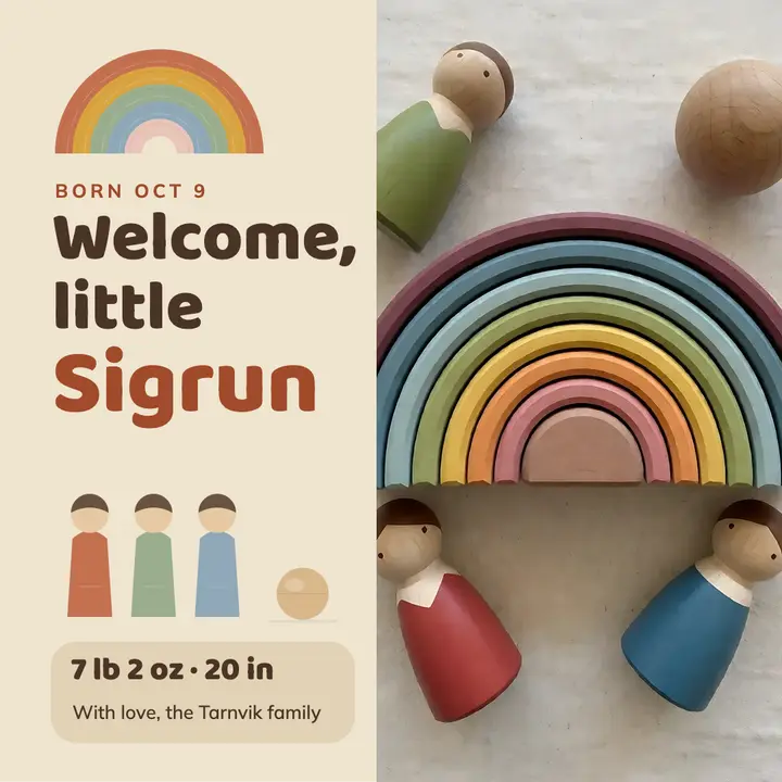 Sigrun baby announcement wooden rainbow post template