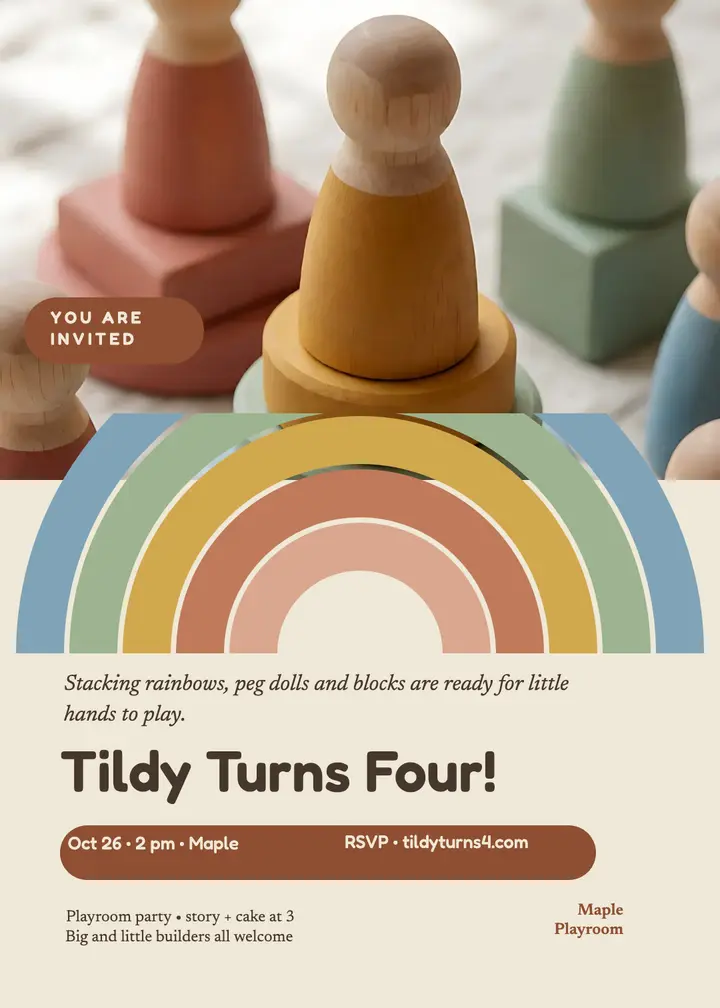 Tildy wooden toy fourth birthday invite: birthday invitation template
