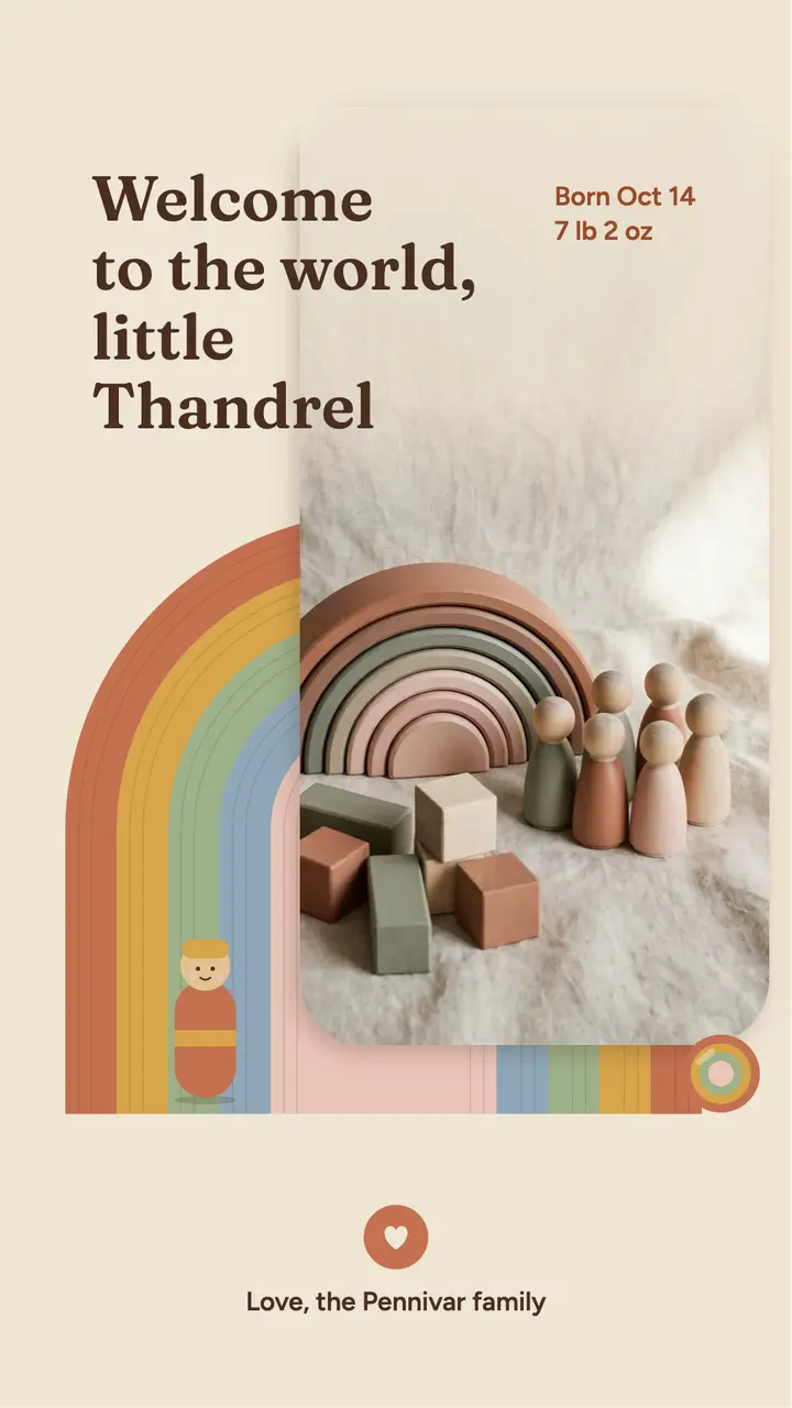 Wooden toy baby announcement story template