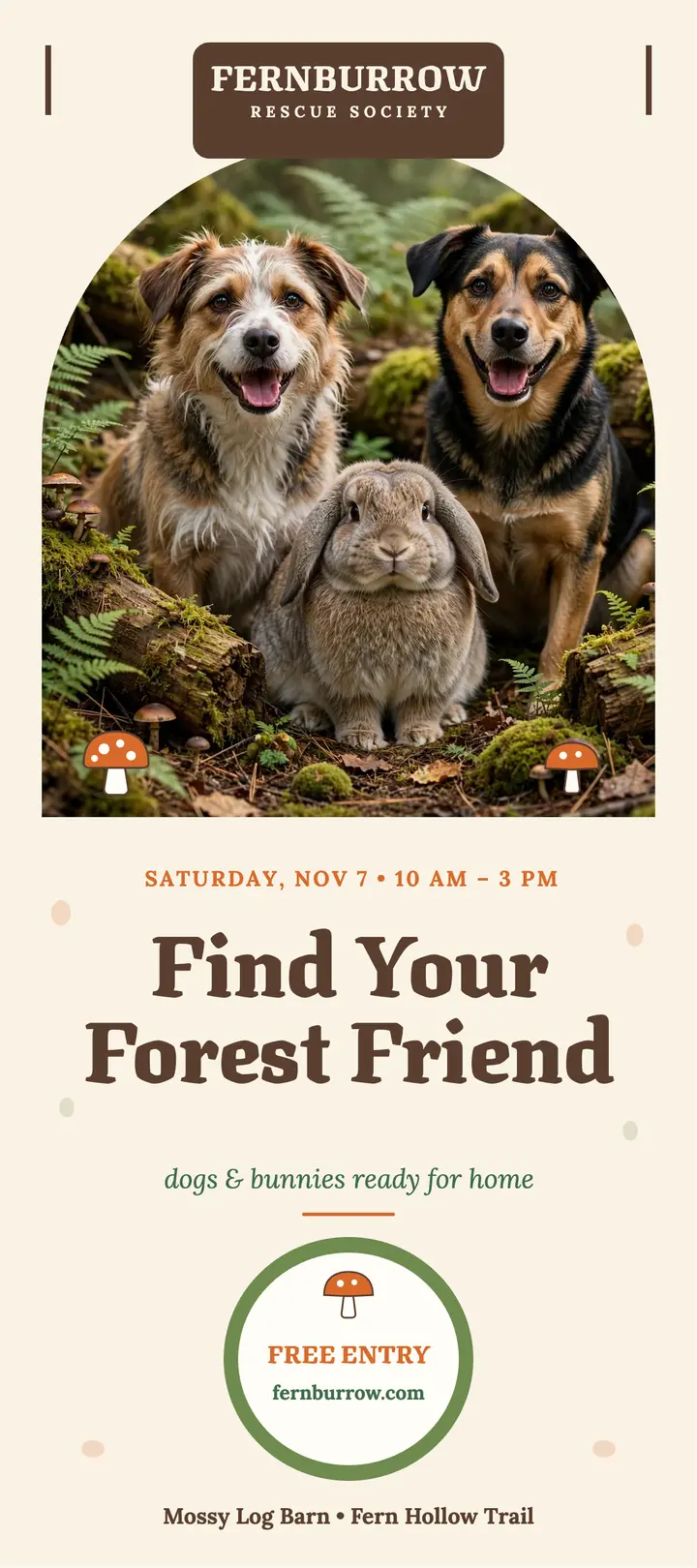 Fernburrow woodland adoption day card: pet adoption rack card template
