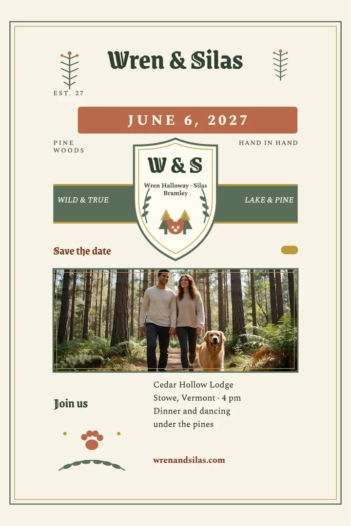 Wren and Silas woodland crest poster: woodland wedding poster template