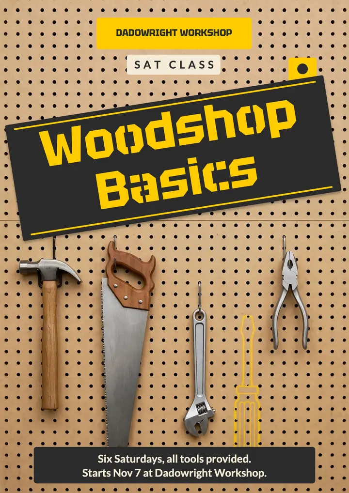 Woodshop Basics Saturday class flyer, tool shadow board template