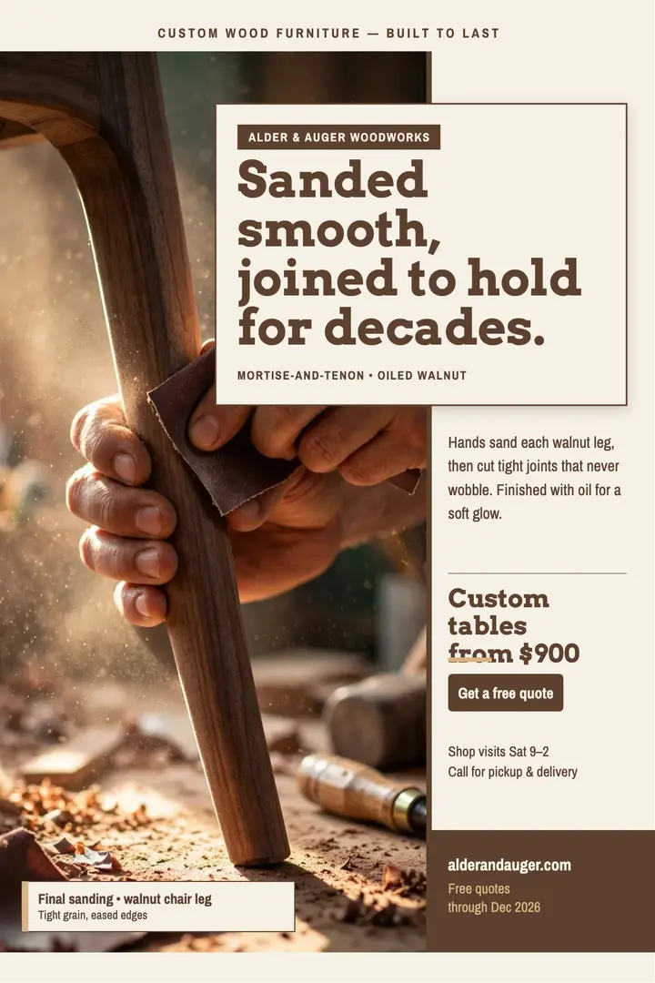Alder and Auger handcrafted furniture poster: carpenter poster template