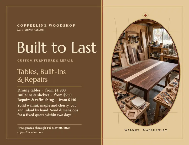 Copperline Woodshop marquetry flyer template