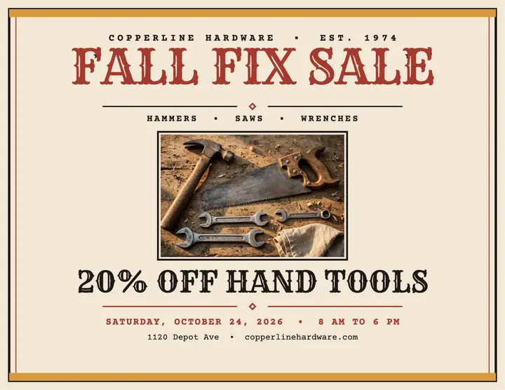 Copperline Hardware Fall Fix Sale broadside: hardware sale flyer template