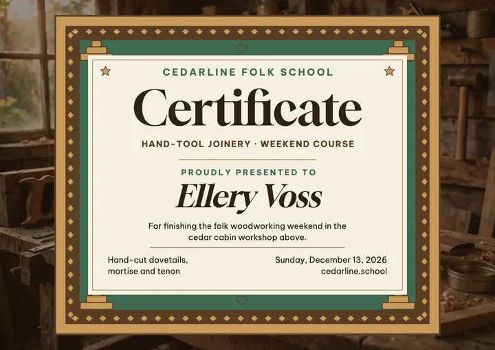 Cedarline joinery certificate in tramp-art frame: woodworking certificate template