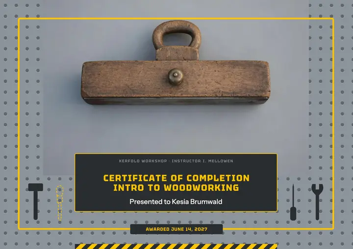 Woodworking course certificate, tool shadow board template