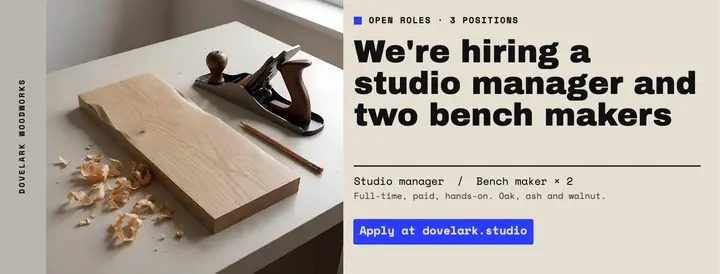 Dovelark Woodworks hiring cover, soft brutalism template