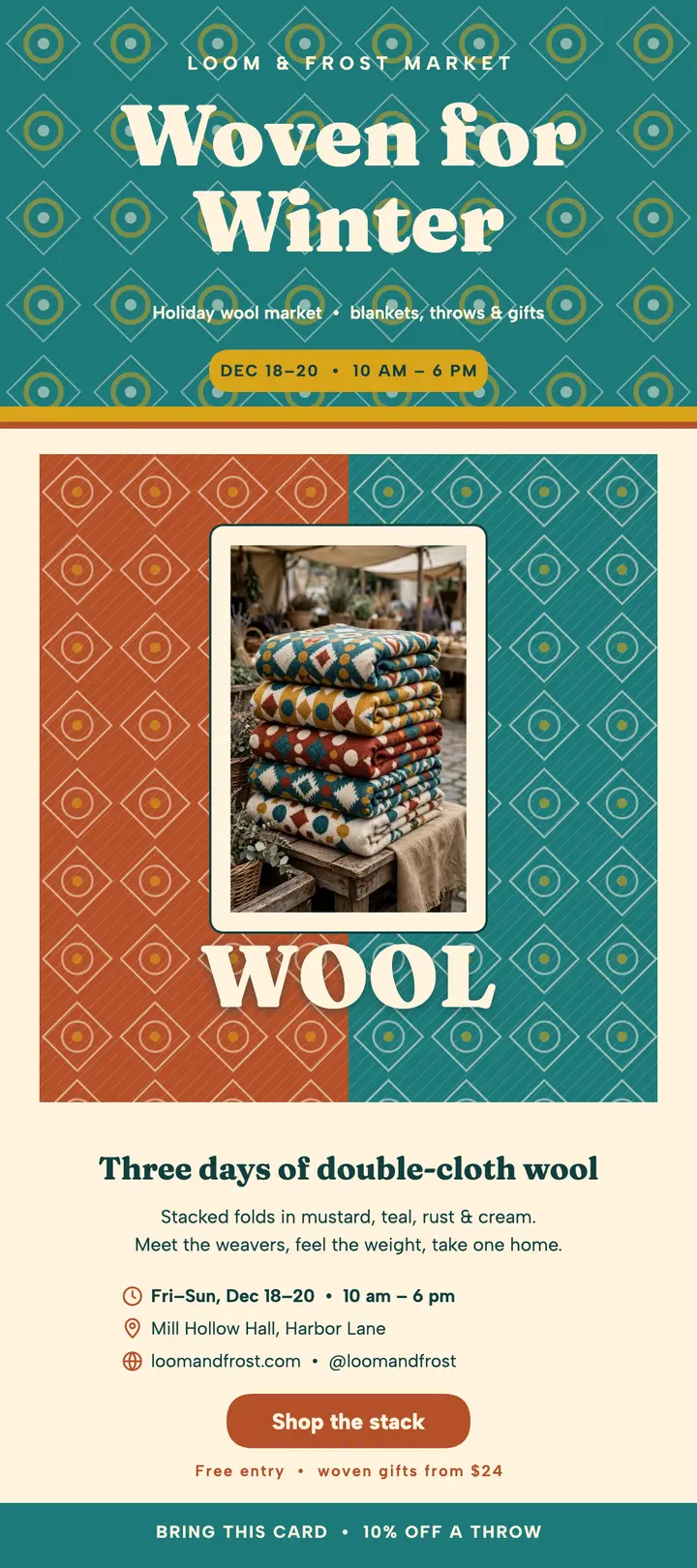 Loom and Frost holiday wool market rack: wool market rack card template