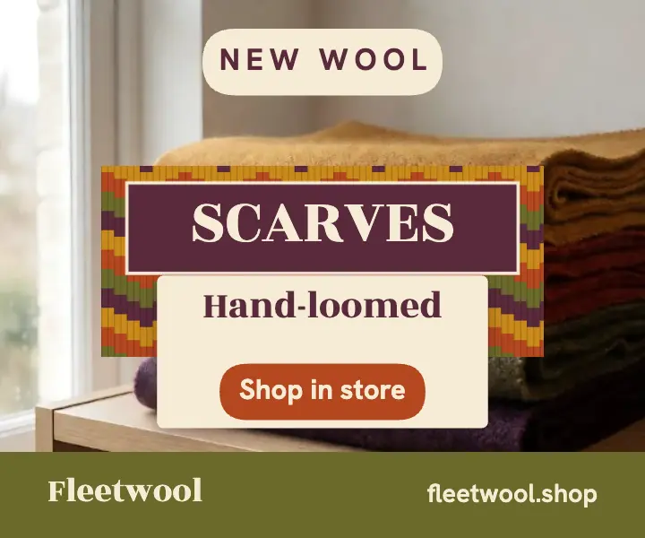 Fleetwool hand-loomed scarves bargello ad: scarf shop display ad template