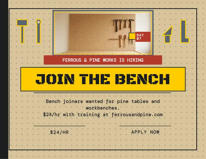 Ferrous and Pine workshop hiring flyer: workshop hiring flyer template