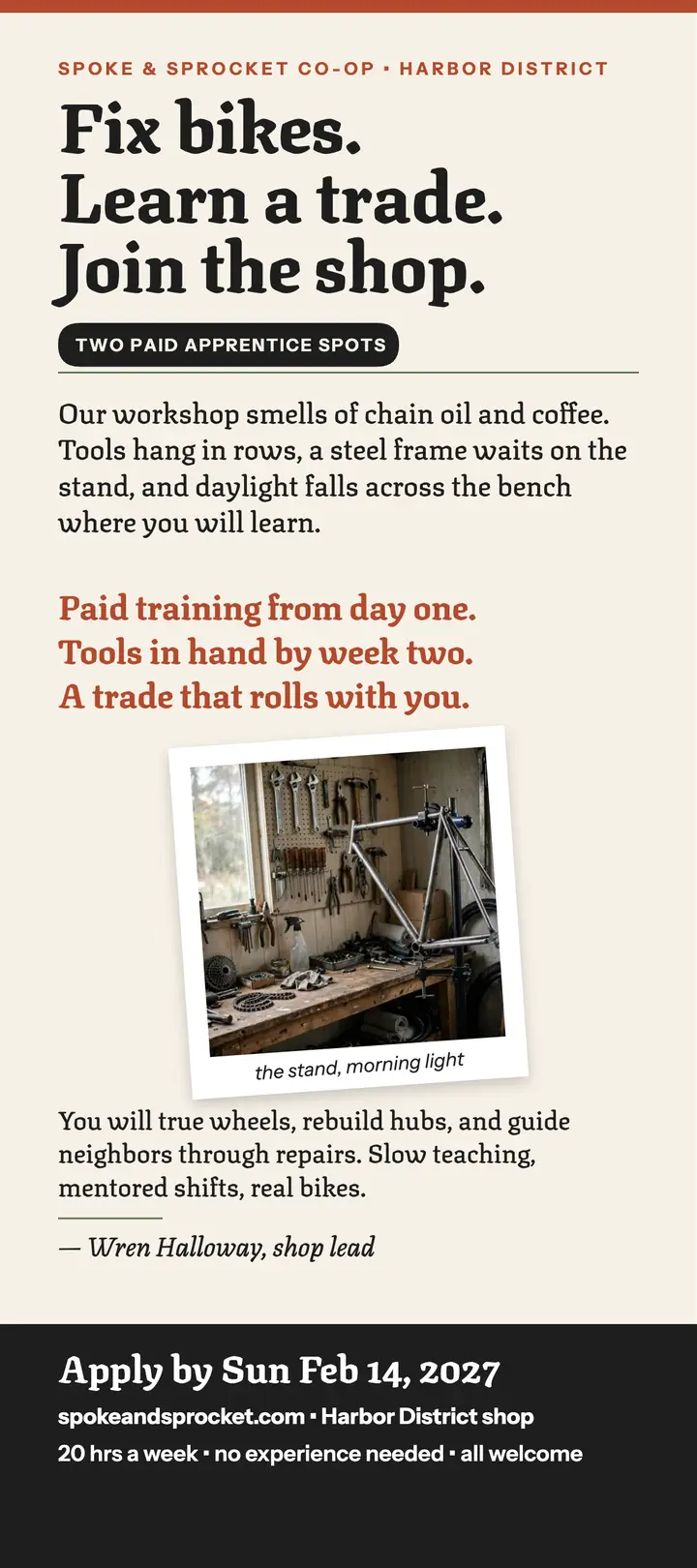 Spoke and Sprocket apprentice manifesto card: bike shop hiring card template