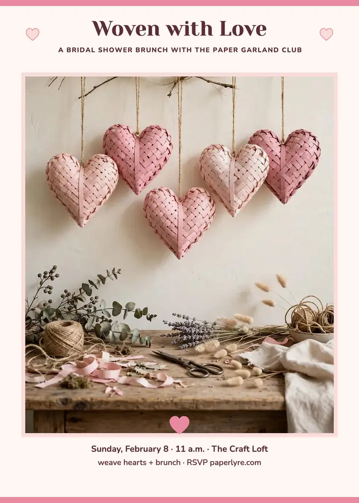 Woven paper hearts bridal shower invitation template