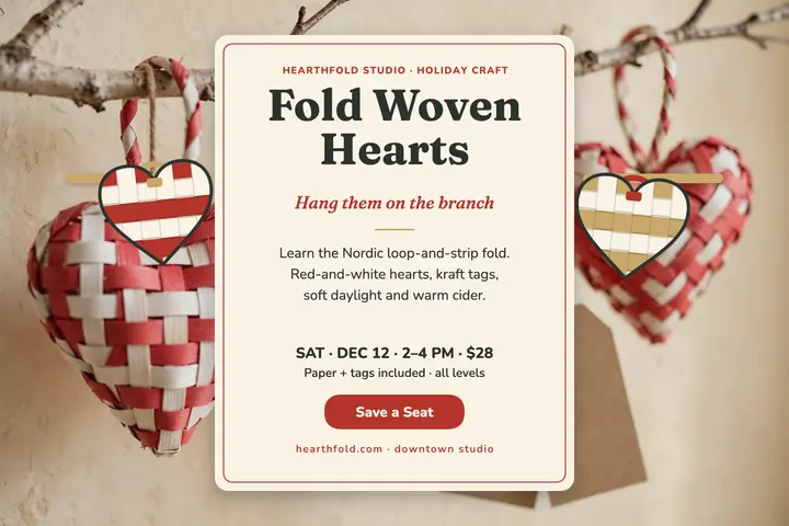Hearthfold woven hearts workshop postcard template