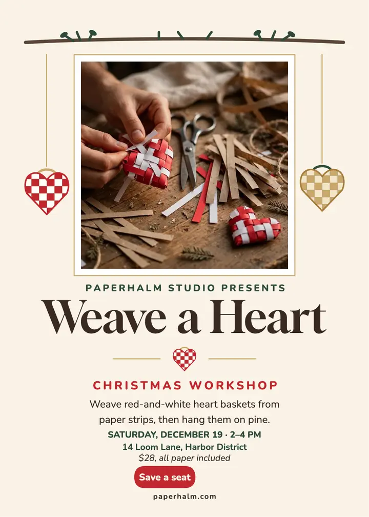 Woven hearts Christmas workshop invite template