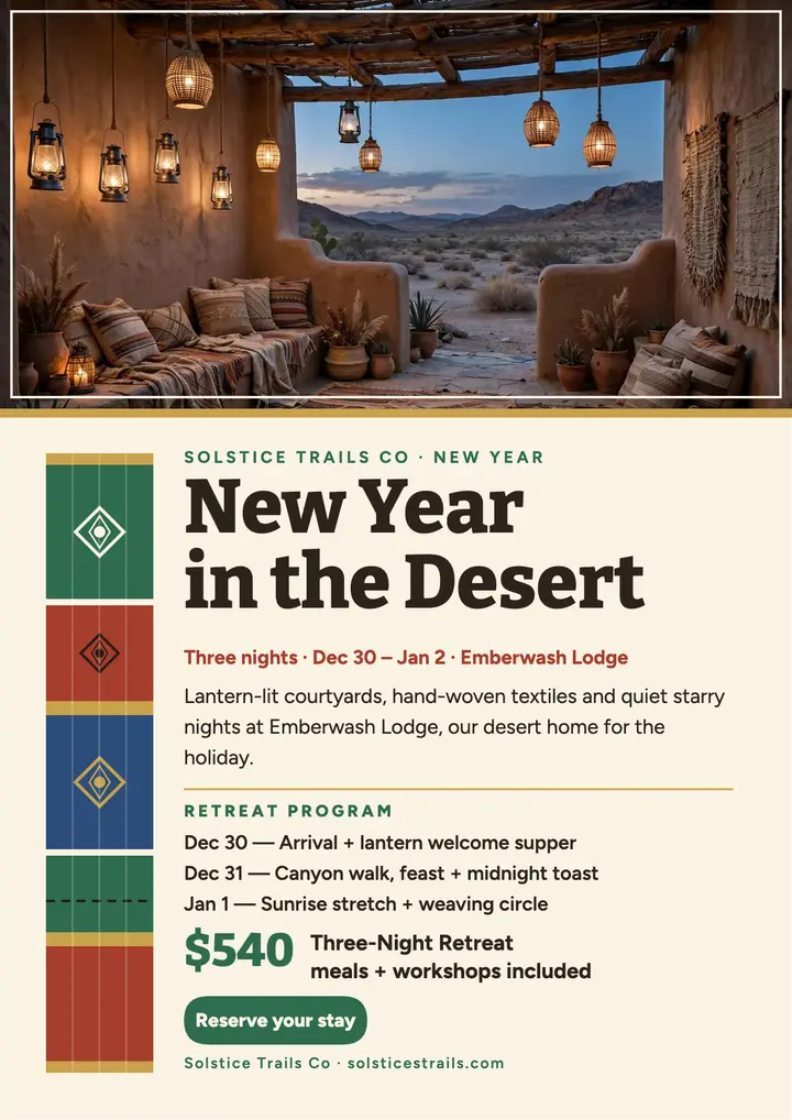Solstice Trails New Year desert retreat flyer template
