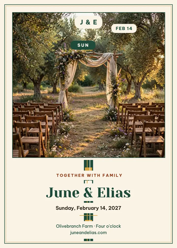 June and Elias olive grove invitation: wedding invitation template