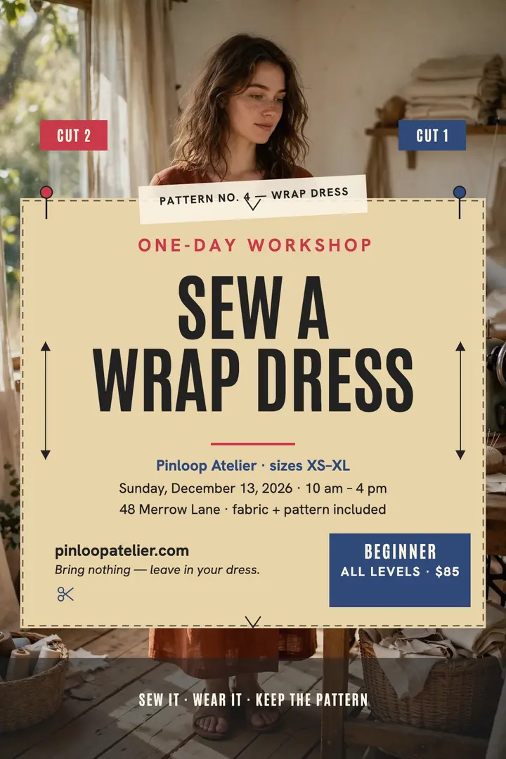 Pinloop wrap dress workshop poster: sewing workshop poster template
