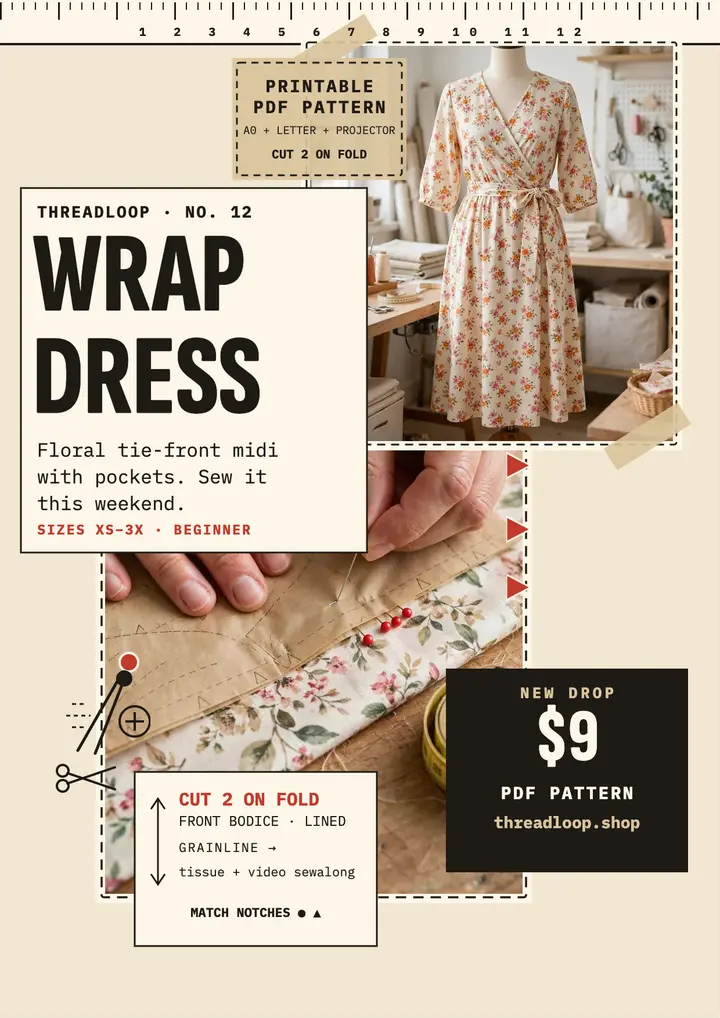 Threadloop wrap dress pattern drop flyer template