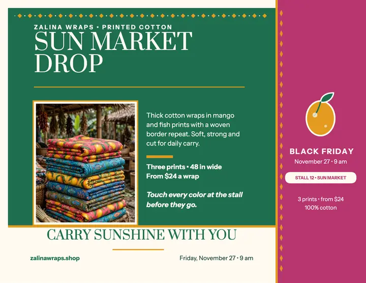 Zalina Wraps Sun Market drop kanga flyer template