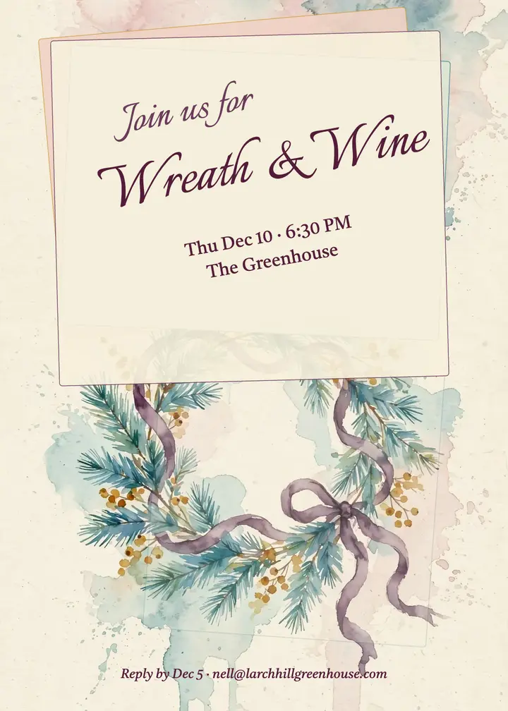 Wreath and wine night watercolor invitation template