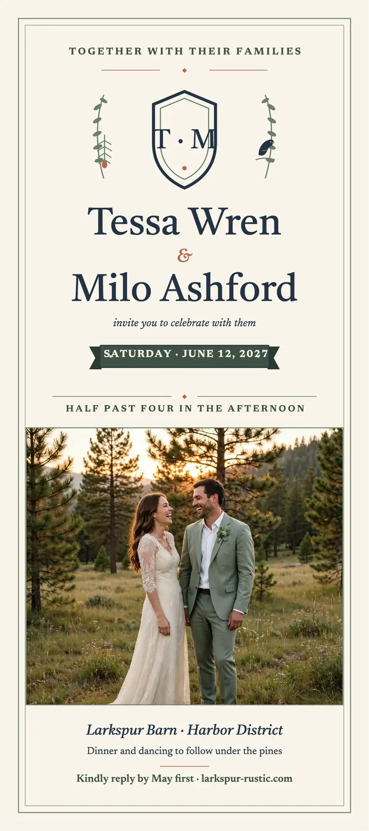 Wren Ashford crest wedding rack card: wedding invitation rack card template