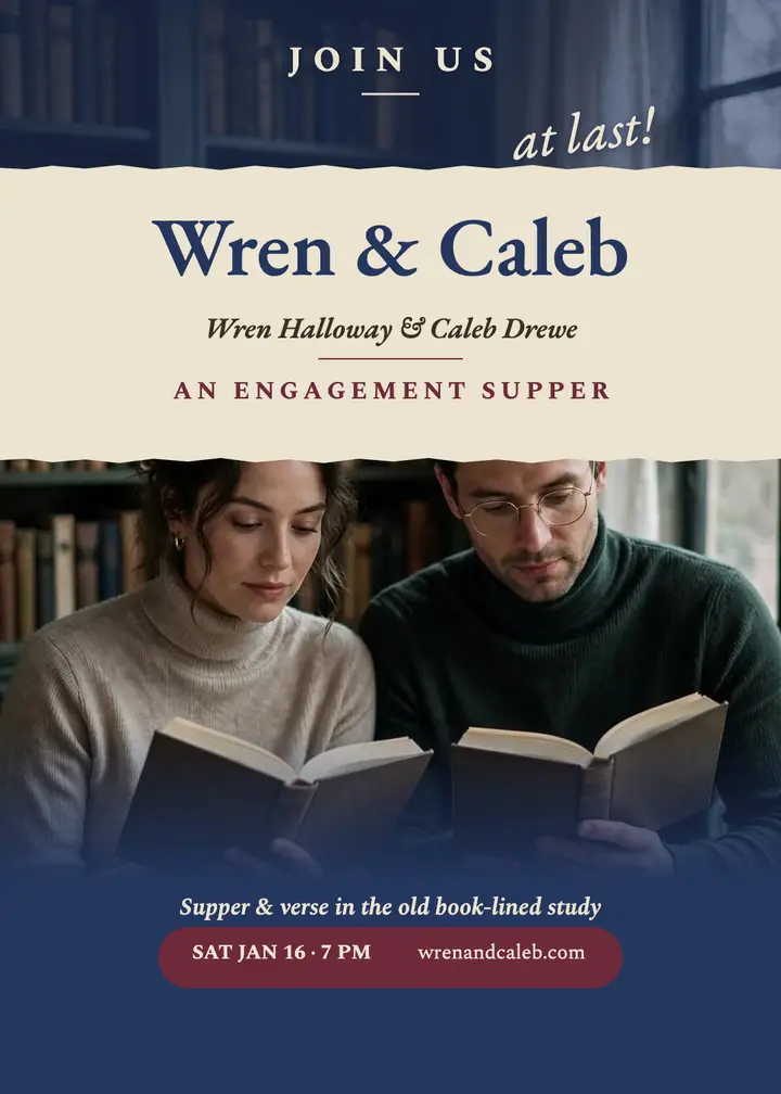 Wren and Caleb book study engagement invitation: engagement party invitation template