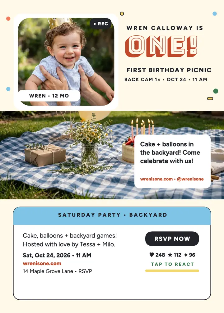 Wren's first birthday picnic invitation template