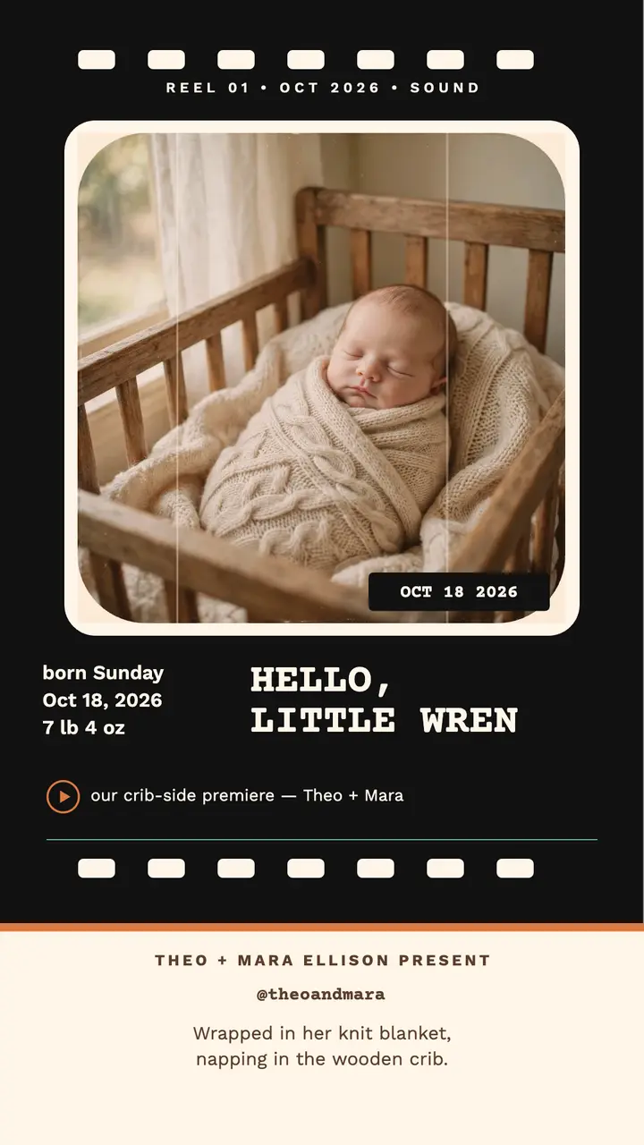Wren super 8 birth announcement story template