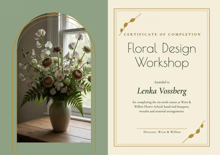 Wren & Willow floral design certificate, art nouveau template