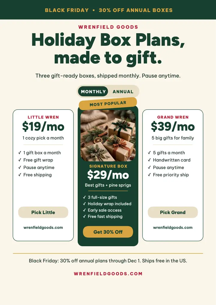 Wrenfield Goods holiday box tiers flyer template