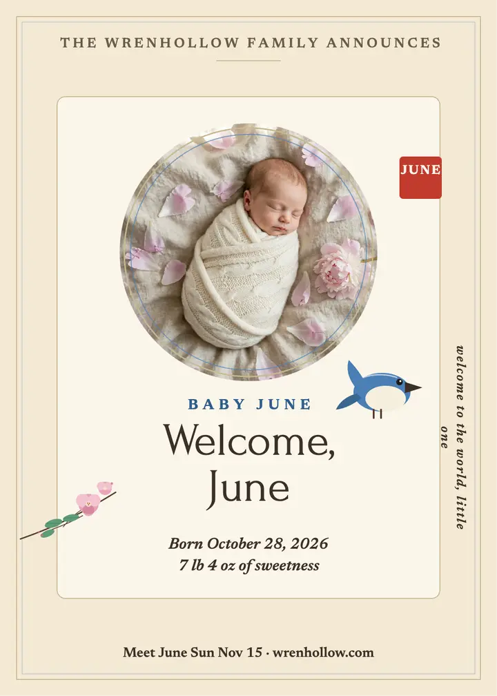 Wrenhollow baby June birth announcement template