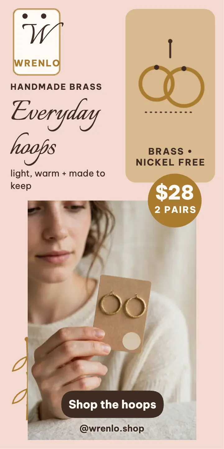 Wrenlo brass hoops half page ad: hoop earrings ad template